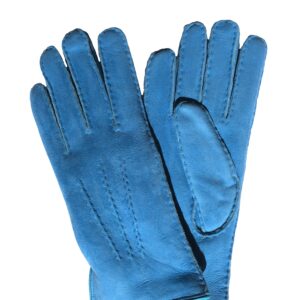 Gants en mouton retourné bleu ciel. Gants femme non doublé. Modèle Helsinki. Vue face dorsale.