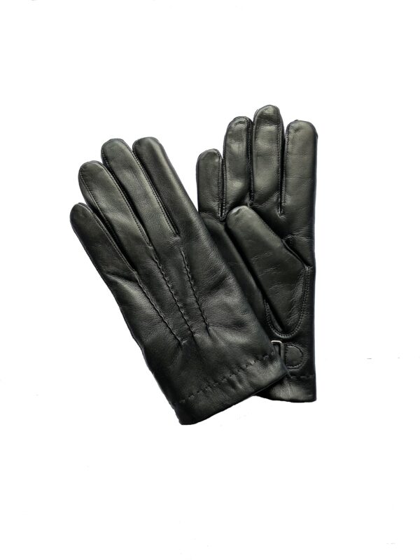 Gants en cuir noir. Gants homme doublés lapin. Modèle Victoria. Vue face dorsale.