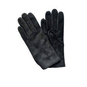 Gants en cuir suede noir. Gants doublés laine. Gants femme. Modèle Berne. Vue face dorsale.