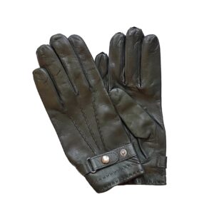 Gants en cuir doublé soie. Gants homme vert loden kaki. Modèle Birmingham. Vue face dorsale.