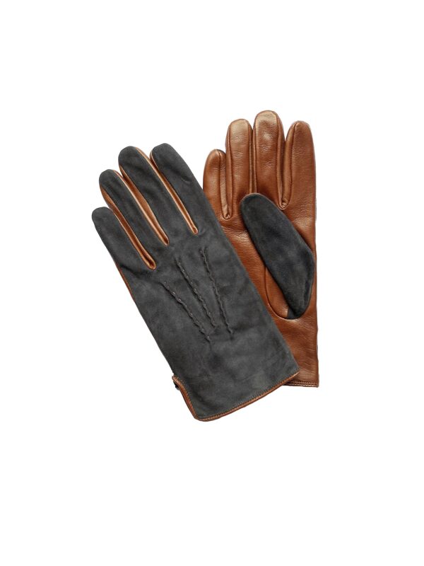 Gants en cuir suede camel et bleu. Gants doublure polyester. Gants en cuir homme. Modèle Douai. Vue face dorsale.