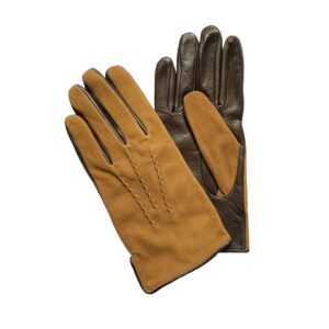 Gants en cuir suede marron. Gants doublure polyester. Gants en cuir homme. Modèle Douai. Vue face dorsale.