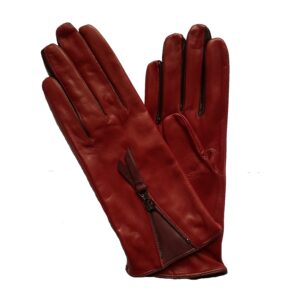 Gants cuir rouge chili ; zip décoratif. Gants doublés soies femme. Modèle Hampton. Vue face.