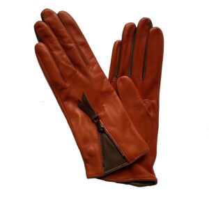 Gants cuir rouille ; zip décoratif. Gants doublés soies femme. Modèle Hampton. Vue face.