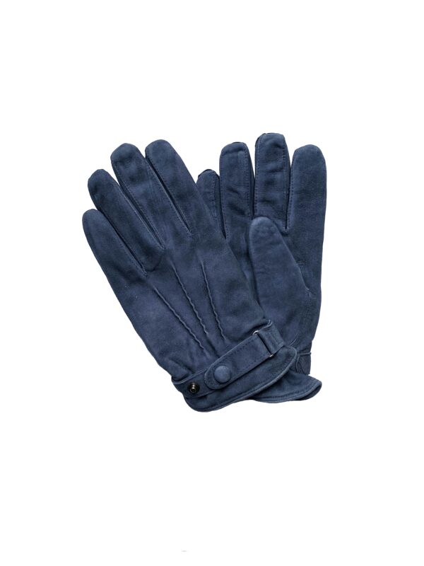 Gants en cuir suede bleu. Gants en cuir doublés cachemire. Gants homme. Modèle Livourne. Vue face dorsale.