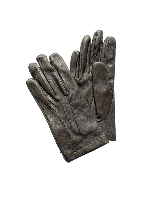 Gants tactile en cuir marron. Gants homme doublés soie. Modèle Londres. Vue face dorsale.