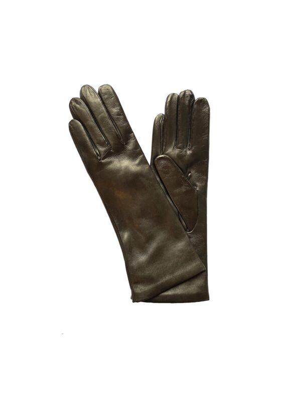 Gants en cuir long 4 boutons. Gants doublés cachemire noir. Gants femme modèle Regina. Vue face dorsale.