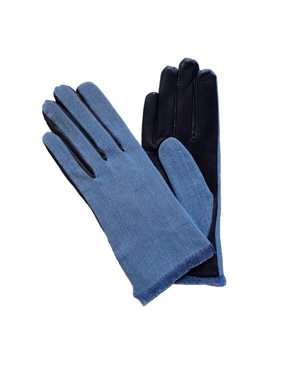 Gants mixte cuir tissu jean. Paume cuir bleu marine. Modèle Gérone. Gants cuir non doublé. Vue face dorsale.