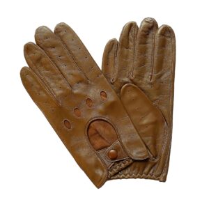 Gants de conduite en cuir non doublé marron. Gants de conduite homme modèle Silverstone. Vue de face.