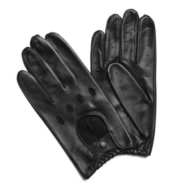 Gants de conduite en cuir non doublé noir. Gants de conduite homme modèle Silverstone. Vue face dorsale.