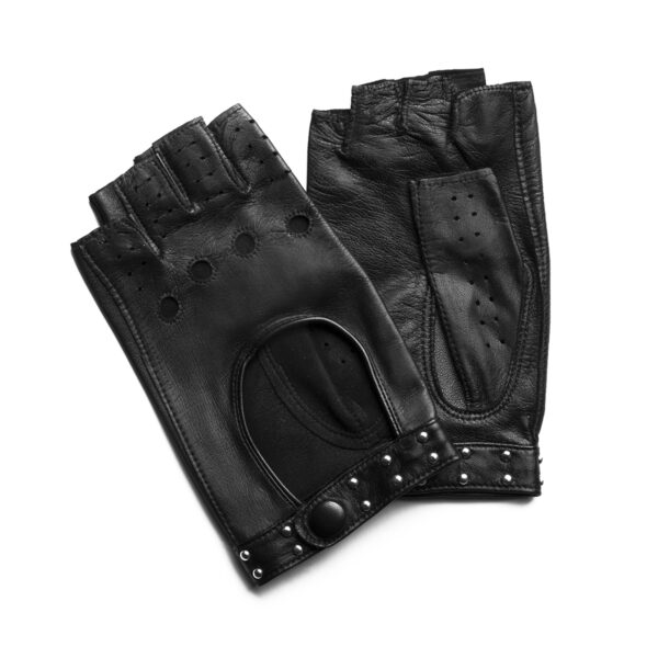 Mitaines en cuir noir. Modèle Torino. Gants en cuir non doublés. Vue face dorsale.