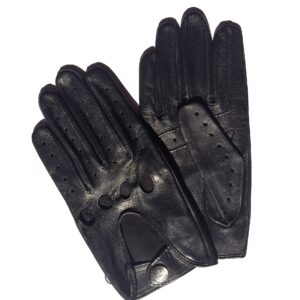 Gants de conduite en cuir d'agneau noir. Gants non doublés. Modèle Flaine. Vue face dorsale.