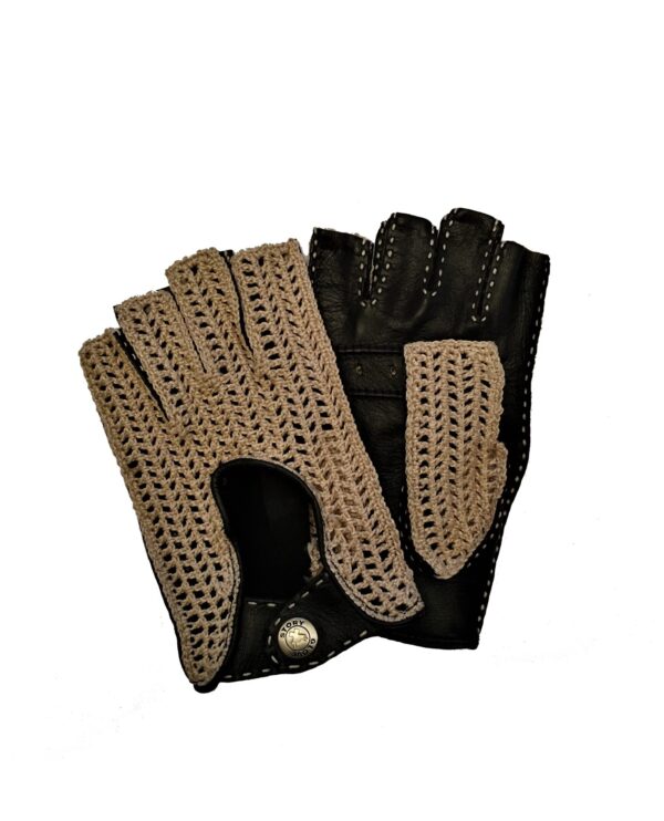 Mitaines en cuir et crochet noir. Gants homme non doublés. Modèle Milan. Vue face dorsale.