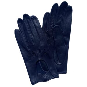 Gants de conduite en cuir d'agneau bleu foncé. Gants de conduite non doublés femme. Modèle Florès. Vue face