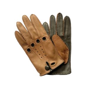 Gants de conduite bicolore camel marron non doublés pour homme. Modèle Canberra. Vue face.