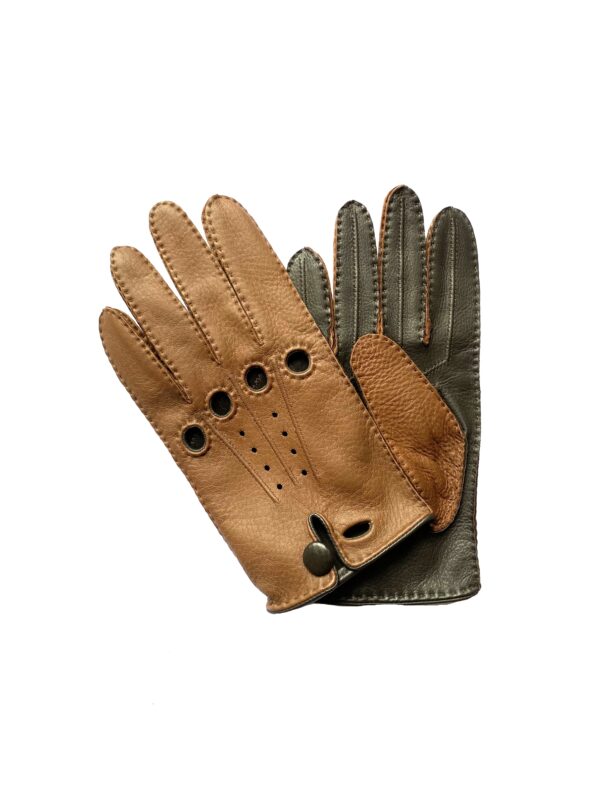 Gants de conduite bicolore camel marron non doublés pour homme. Modèle Canberra. Vue face.