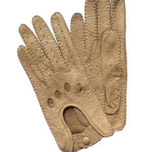 Gants de conduite en cuir de pécari beige pour femme. Modèle Punta Arénas. Vue face.