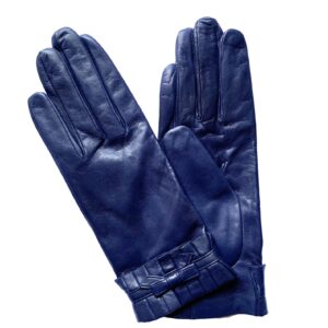 Gants bleu en cuir d'agneau doublés soie avec rebord plissé et nœud pour femme. Modèle Fontenay. Vue face.