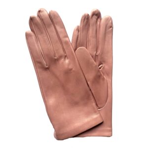 Gants rose en cuir d'agneau doublé soie pour femme. Modèle Brindisi. Vue face.