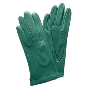 Gants en cuir d'agneau vert émeraude doublé soie pour femme. Modèle Naples. Vue face.