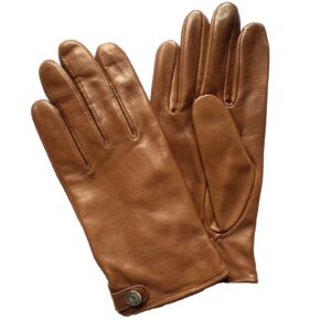 Gants en cuir camel doublure cachemire dessus de la main lisse pour homme. Modèle Varna. Vue face.