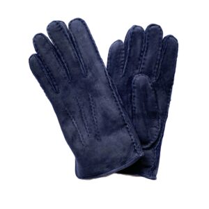 Gants bleu marine très chaud en cuir de mouton retourné pour homme. Modèle Oslo. Vue face.