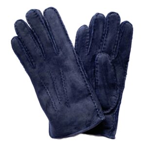 Gants bleu marine très chaud en cuir de mouton retourné pour homme. Modèle Oslo. Vue face.