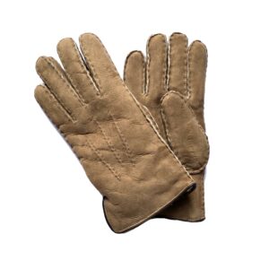 Gants brun clair très chaud en cuir de mouton retourné pour homme. Modèle Oslo. Vue face.