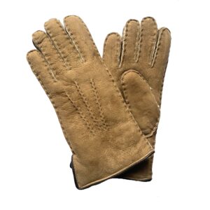 Gants brun clair très chaud en cuir de mouton retourné pour femme. Modèle Helsinki. Vue face.