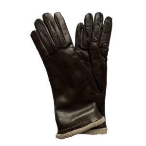 Gants long marron en cuir d'agneau doublé laine pour femme. Modèle Edmonton. Vue face.