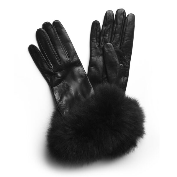 Gants noir pour femme en cuir d'agneau doublure soie et rebord en fourrure renard. Modèle Gstaad. Vue face.