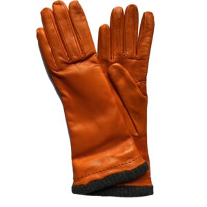 Gants long orange en cuir d'agneau doublé laine pour femme. Modèle Edmonton. Vue face.