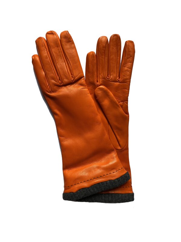 Gants long orange en cuir d'agneau doublé laine pour femme. Modèle Edmonton. Vue face.