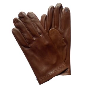Gants tactile en cuir brun cork dessus de la main lisse doublé soie pour homme. Modèle Matera. Vue face.