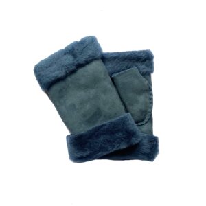 Mitaines chaudes bleu jean en cuir de mouton retourné pour femme. Modèle Chamonix. Vue face.