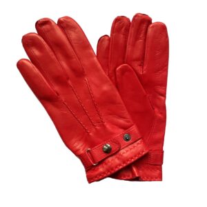 Gants en cuir rouge doublés soie bracelet et bouton au poignet pour homme. Modèle Birmingham. Vue de face.