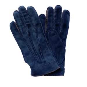 Gants agneau suédé bleu argile 3 baguettes revers glacé pour homme. Modèle Dijon. Vue face.