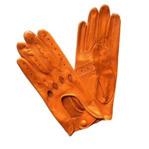 Gants de conduite en cuir d'agneau non doublé orange pour femme. Modèle Florès. Vue de face.