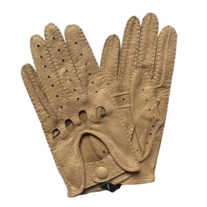 Gants de conduite en cuir de pécari non doublés beige pour homme. Modèle Santiago. Vue face.