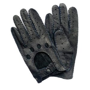 Gants de conduite en cuir de pécari non doublés bleu marine pour homme. Modèle Santiago. Vue face.