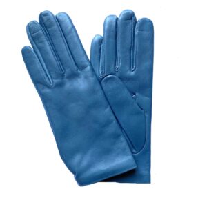 Gants en cuir d'agneau doublé cachemire bleu jean pour femme. Modèle Göteborg. Vue face.