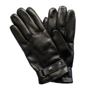 Gants en cuir d'agneau lisse noir avec bracelet pour homme. Modèle Portland. Vue face.