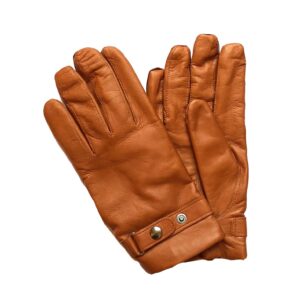 Gants en cuir d'agneau lisse brun noisette avec bracelet pour homme. Modèle Portland. Vue face.