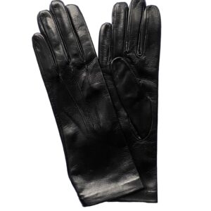 Gants en cuir d'agneau noir long doublé soie couture 3 baguettes sur le haut pour femme. Modèle YPRES. Vue de face.