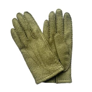 Gants en cuir de pécari beige taupe doublé cachemire pour homme. Modèle La Paz. Vue de face.