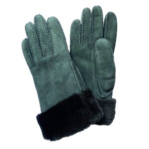 Gants en cuir de moutons shearling vert sapin pour femme. Modèle Etah. Vue fourrure.