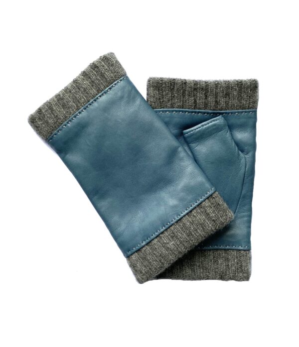 MITAINES-CUIR-FEMME-BLEU-JEAN-SANS-DOIGTS-CUIR-AGNEAU-REBORD-MIXTE-LAINE-CACHEMIRE_MODELE-FES_VUE-FACE