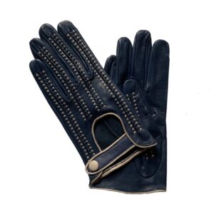 Gants courts bleu en cuir de conduite pour femme. Modèle Spa. Vue de face.