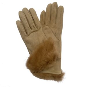 Gants en cuir d'agneau suède brun camel pour femme doublé laine avec revers fourrure lapin. Modèle Ostende. Vue de face revers plié..