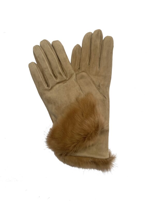 Gants en cuir d'agneau suède brun camel pour femme doublé laine avec revers fourrure lapin. Modèle Ostende. Vue de face revers plié..